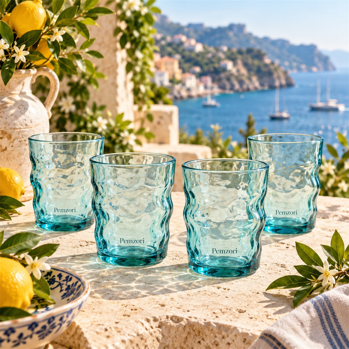 Pemzori Mare Aqua Wavy Glasses - Set of 4